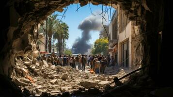 Palestiniens inspecter le dommage air la grève dans le ville de khan Yunis, dans le du sud gaza bande. Israël et Palestine guerre concept. photo