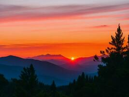 le coucher du soleil et silhouettes avec des arbres dans le montagnes. ai généré. photo