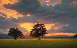 herbeux paysage avec une arbre et nuage de pluie avec une magnifique le coucher du soleil. ai généré. photo