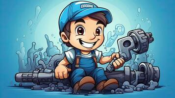 vecteur illustration de dessin animé garçon réparer l'eau tuyau sur une bleu Contexte. photo