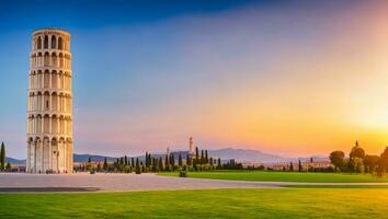 le célèbre penché la tour magnifique le coucher du soleil dans pise, Italie. ai généré. photo