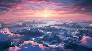 généré par ai Montagne pics avec neige pics avec rose des nuages à le coucher du soleil vue de au dessus photo