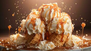 généré par ai délicieux caramel la glace crème, la glace crème et gaufre tasses photo