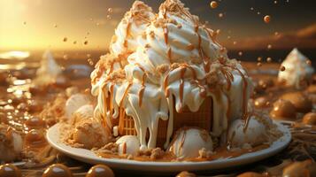 généré par ai délicieux caramel la glace crème, la glace crème et gaufre tasses photo