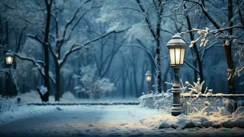 généré par ai lanterne à nuit dans le parc dans le neige pour Nouveau année et Noël photo