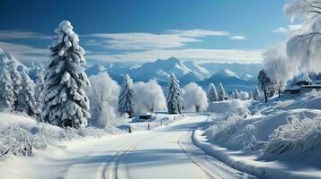 généré par ai neigeux hiver paysage avec route des arbres et montagnes photo