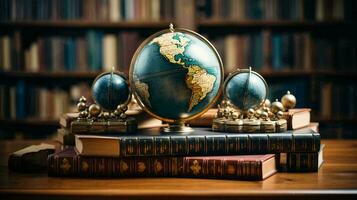 généré par ai globe et ancien intelligent livres sur le table dans le Bureau photo