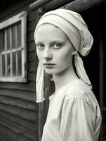 résilient beauté Jeune femme avec foulard, fille avec une perle boucle d'oreille style, génial la dépression ère génératif ai photo