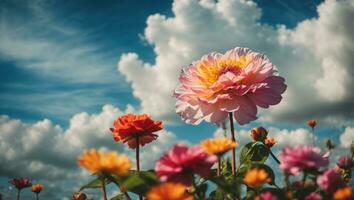 magnifique coloré fleurs avec bleu ciel et des nuages arrière-plan, idyllique prairie. ai génératif photo