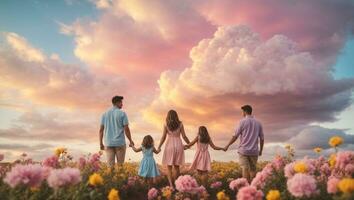 content famille avec coloré fleurs avec pastel ciel. ai génératif photo