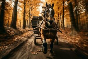 une tiré par des chevaux le chariot équitation vers le bas une saleté sentier doublé avec l'automne des arbres, du cavalier perspective, mouvement brouiller crée sens de mouvement, cinématique atmosphère ai généré illustration. photo