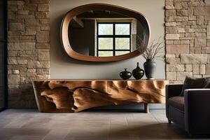 intérieur de une chaud, confortable vivant pièce avec une grand décoratif console table fabriqué de solide bois. sur le mur est une énorme miroir dans une large en bois Cadre. ai généré. photo