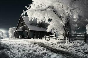 un vieux en bois, patiné Grange couvert dans neige contre une toile de fond de couvert de givre des arbres. le contraste et profondeur évoquer une sens de calme, beauté, et la nature résilience. ai généré. photo