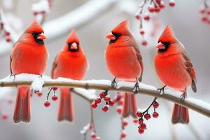 cardinal des oiseaux avec brillant rouge plumes séance sur une couvert de neige sorbier des oiseleurs arbre branche avec rouge baies. une symbole de hiver et le vacances saison. ai généré. photo
