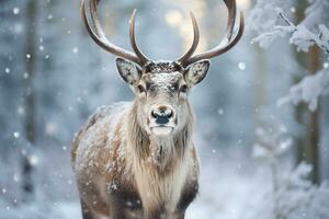 une mignonne renne avec grand bois permanent dans le neigeux forêt sur le veille de Noël. ai généré illustration. photo