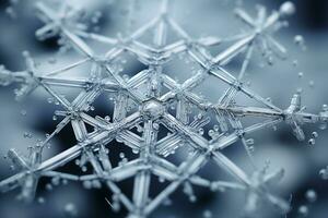 une à six côtés flocon de neige contre une serein bleu arrière-plan, une détaillé fermer voir. symbole de la nature beauté, la vie fragilité, et le immensité de le univers. ai généré. photo