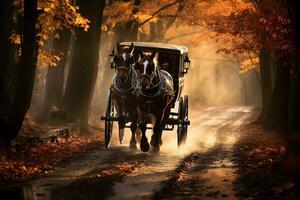 une tiré par des chevaux le chariot équitation vers le bas une saleté sentier doublé avec l'automne des arbres, du cavalier perspective, mouvement brouiller crée sens de mouvement, cinématique atmosphère ai généré illustration. photo