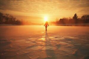 silhouette de la personne la glace patinage sur une congelé Lac à lever du soleil, Soleil des rayons, chaud Orange et cool bleu Couleur schème. ai généré illustration. photo