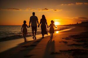 une famille de quatre en marchant main dans main vers le bas une plage à coucher de soleil, silhouette éclairage. ai généré. photo
