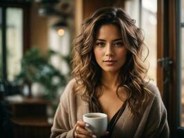 magnifique femme en portant une tasse de café dans le matin, Jeune femme dans une confortable maison avec chaud boire. ai génératif photo