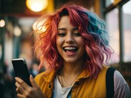 Jeune femme avec coloré cheveux et une téléphone intelligent dans sa main des rires et cris avec joie. content femme et liberté mode de vie. ai génératif photo