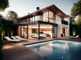 moderne maison avec nager piscine, ai généré photo