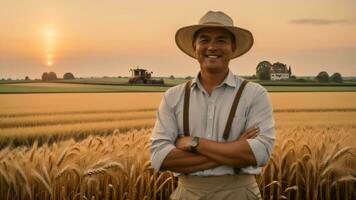 une agriculteur homme permanent sur une blé herbe champ. génératif ai photo