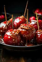 délicieux vitré rouge caramel au beurre bonbons pommes sur des bâtons photo