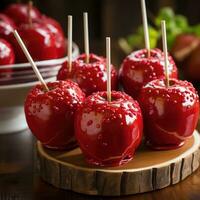 délicieux vitré rouge caramel au beurre bonbons pommes sur des bâtons photo