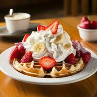 une l'eau à la bouche gaufre avec tranché bananes des fraises photo