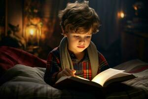 mignonne peu garçon en train de lire livre à maison. produire ai photo