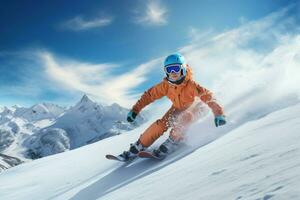 femelle snowboarder sur ski piste neigeux recours dans neige lumière. produire ai photo