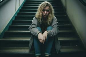déprimé Jeune femme séance sur de banlieue escaliers. produire ai photo
