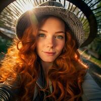 étourdissant Jeune roux femme avec vert yeux, Irlande. génératif ai. photo