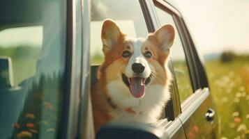 marrant content chien corgi coincé le sien visage en dehors le fenêtre ai génératif photo