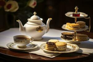 classique servi thé table avec des biscuits. génératif ai photo