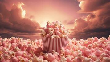 rose pop corn dans floue Fée des nuages. film théâtre concept pour enfants. ai génératif photo