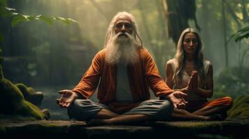 magnifique personnes âgées couple sont Faire yoga dans le jungle. en bonne santé mode de vie ai génératif photo