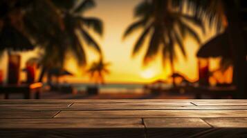 vide en bois table dans de face de flou tropical plage sur le coucher du soleil soir. en bois Contexte dans plage. ai génératif photo