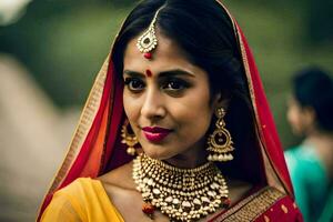 une magnifique Indien la mariée dans traditionnel tenue. généré par ai photo