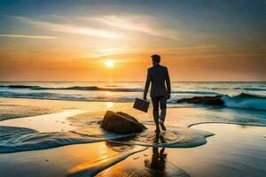 homme d'affaire en marchant sur le plage à le coucher du soleil. généré par ai photo