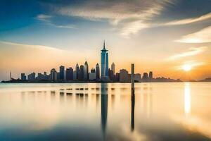 le Manhattan horizon est réfléchi dans le l'eau à le coucher du soleil. généré par ai photo