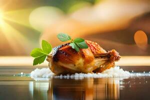 une pièce de poulet sur Haut de riz. généré par ai photo