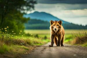 une Loup est en marchant vers le bas une saleté route. généré par ai photo