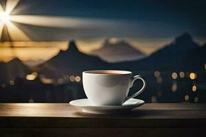 une tasse de café sur une table avec montagnes dans le Contexte. généré par ai photo