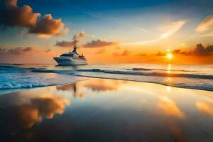 une yacht sur le plage à le coucher du soleil. généré par ai photo