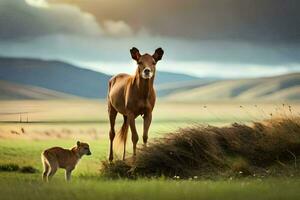 une cheval et une bébé cheval permanent dans une champ. généré par ai photo