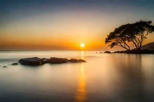 une arbre des stands sur le rive de une plage à le coucher du soleil. généré par ai photo