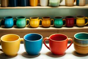 coloré des tasses sont doublé en haut sur une étagère. généré par ai photo