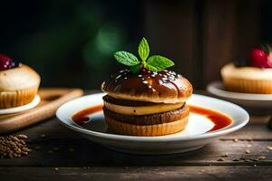 une assiette avec une petit gâteau et baies. généré par ai photo